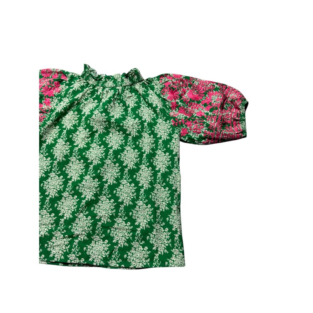 NWT THML Blouse Womens S Green Pink Embroidered Floral Puff Sleeve Button Back - Picture 9 of 16